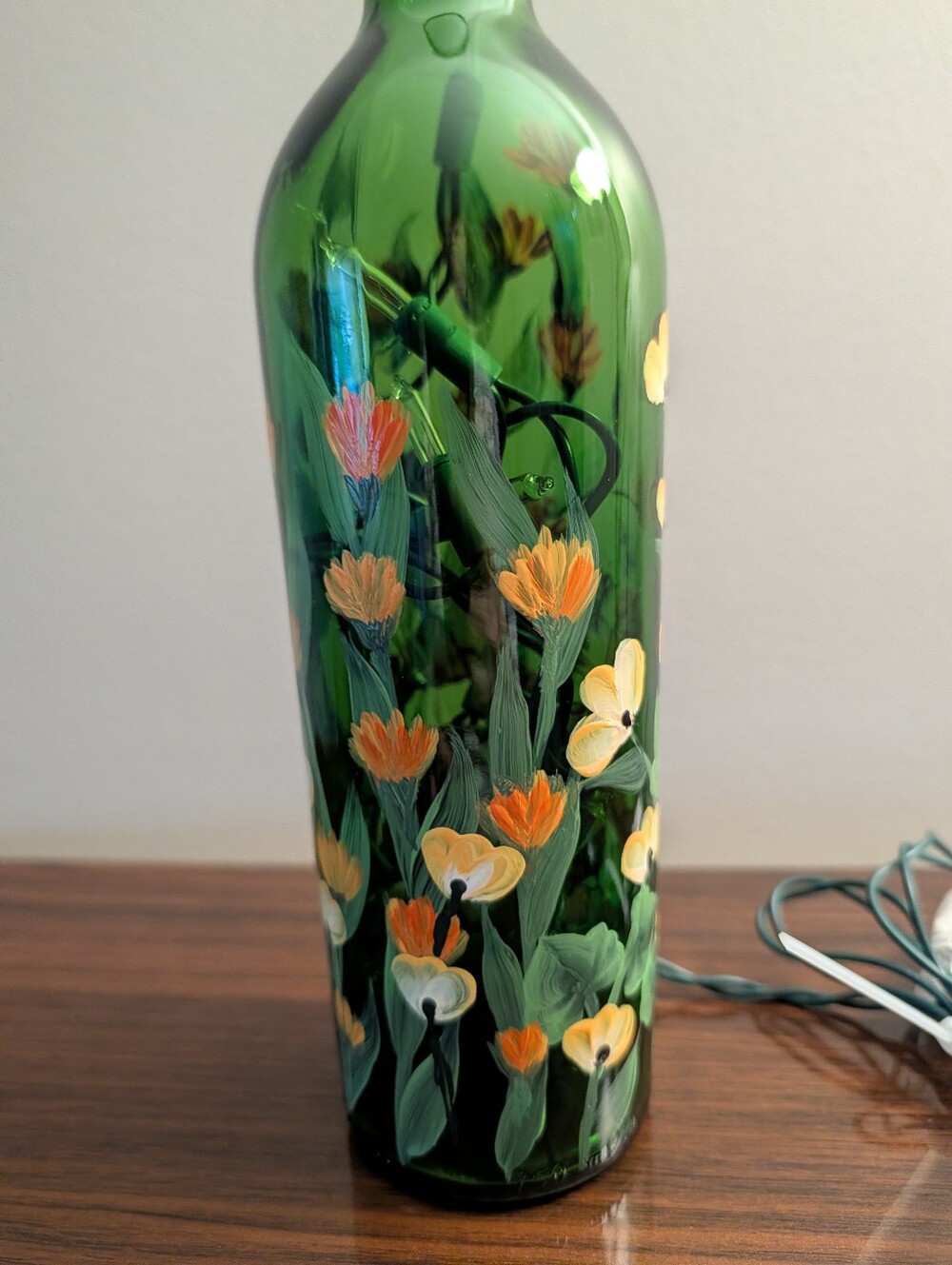 Hand-Painted Green Floral Bottle with Lights - Picture 6 of 8